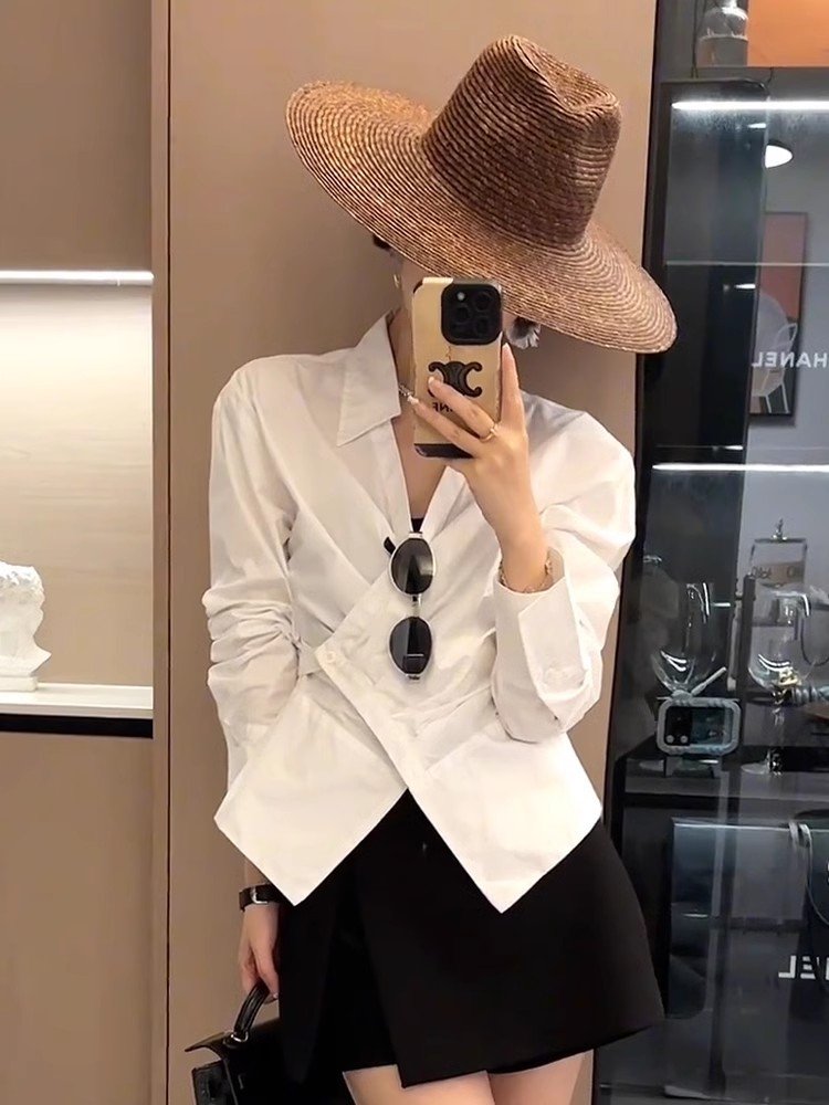 法式气质白色Polo领长袖衬衫女早春轻奢