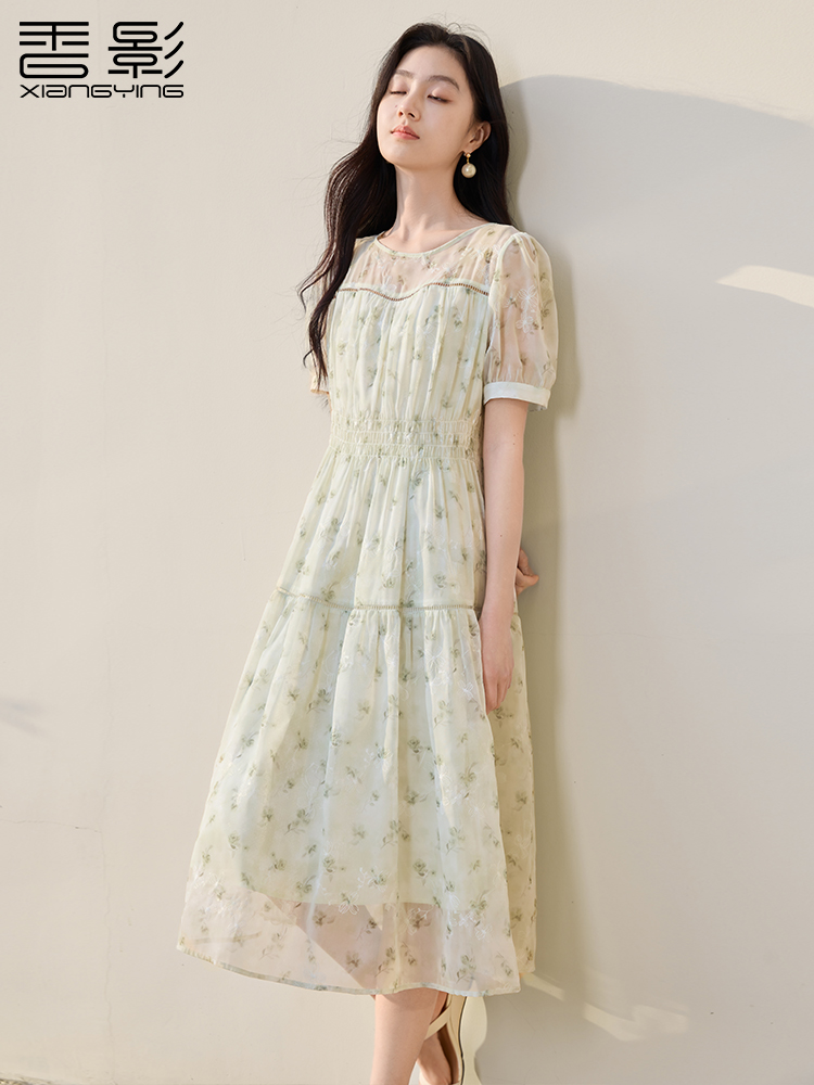香影小清新绿色碎花雪纺连衣裙女