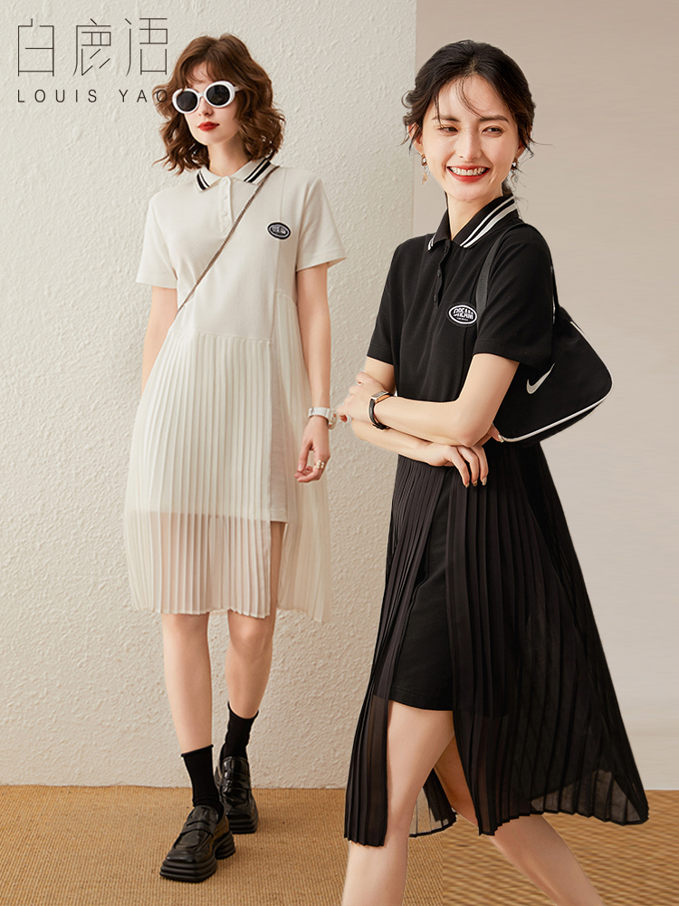 白鹿语学院风百褶拼接连衣裙夏季款时尚休闲运动polo裙小黑裙