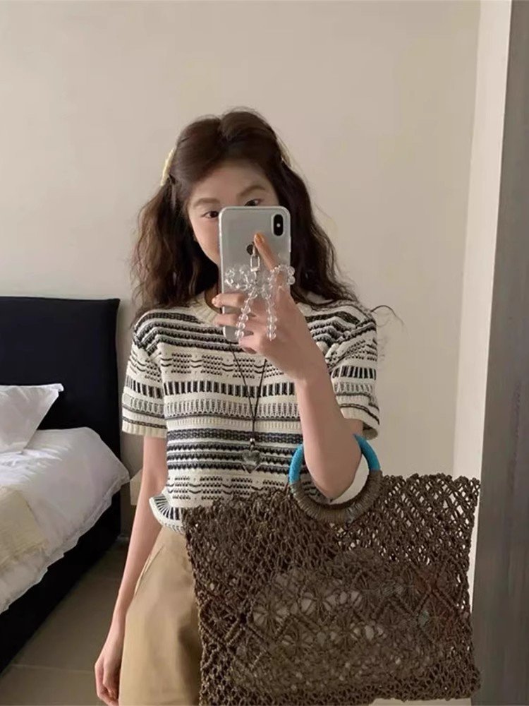 韩系撞色条纹冰丝针织正肩短袖t恤女夏季小