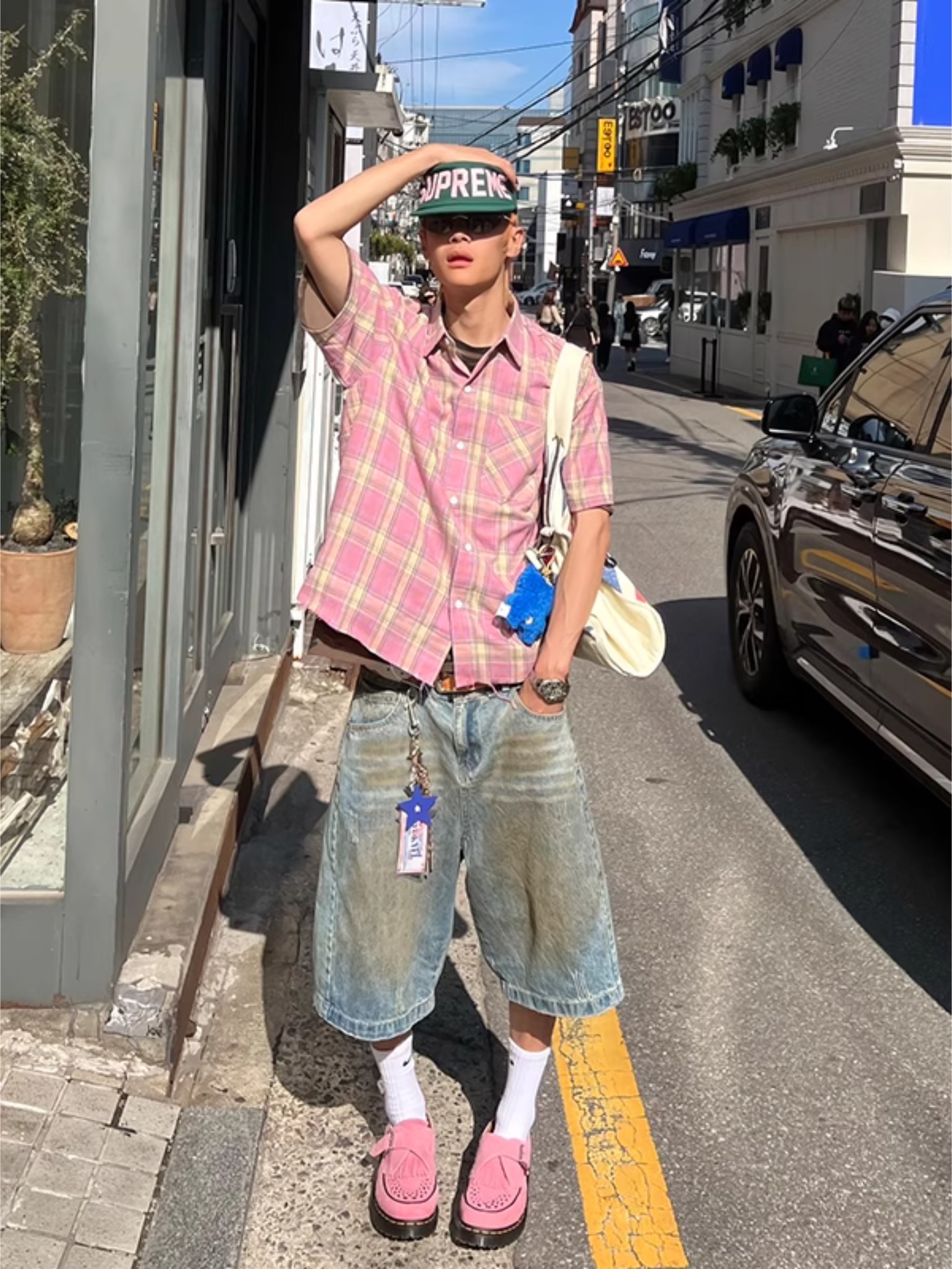 锈土色渐变牛仔短裤男美式hiphop街头