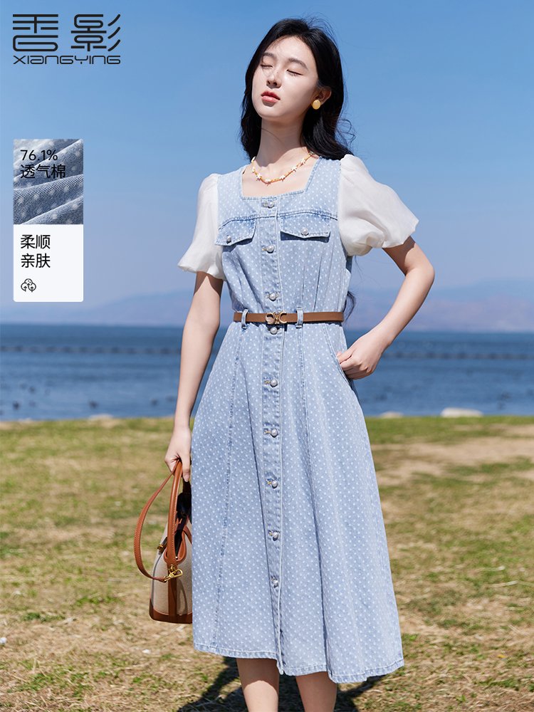 香影方领牛仔连衣裙女