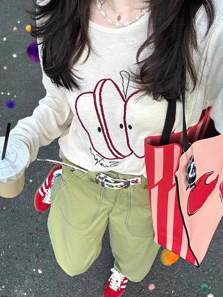 美式复古白色圆领正肩长袖t恤女夏季外搭宽