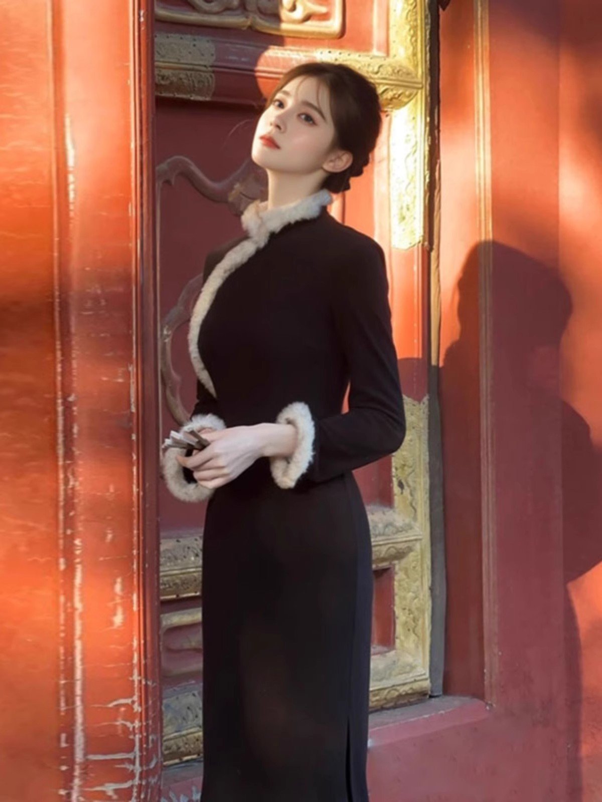 新中式国风加绒加厚改良旗袍连衣裙女冬季