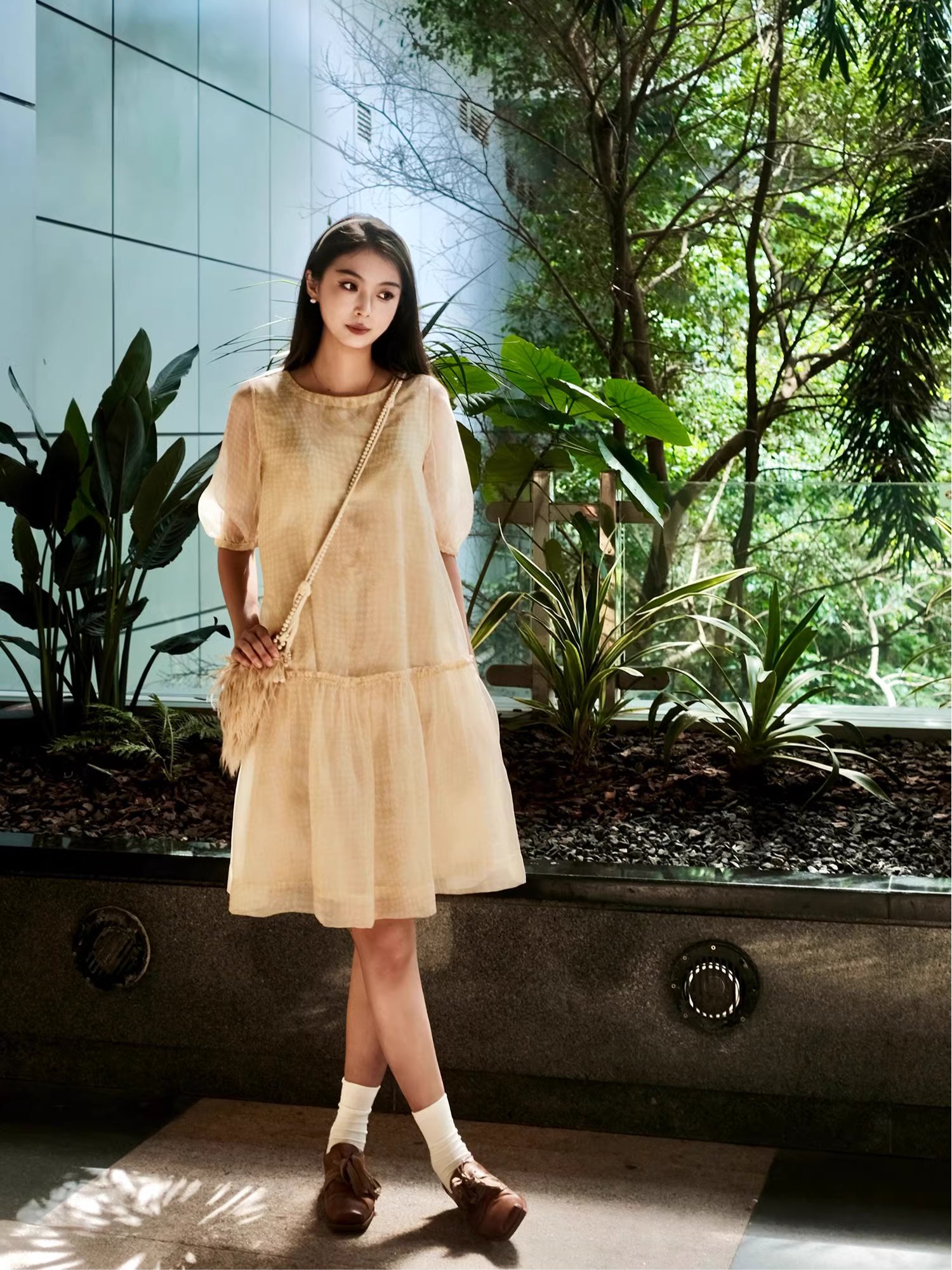 【薄雾彩墨】puretea茶愫真丝网格印花连衣裙女鱼尾裙夏新款度假裙