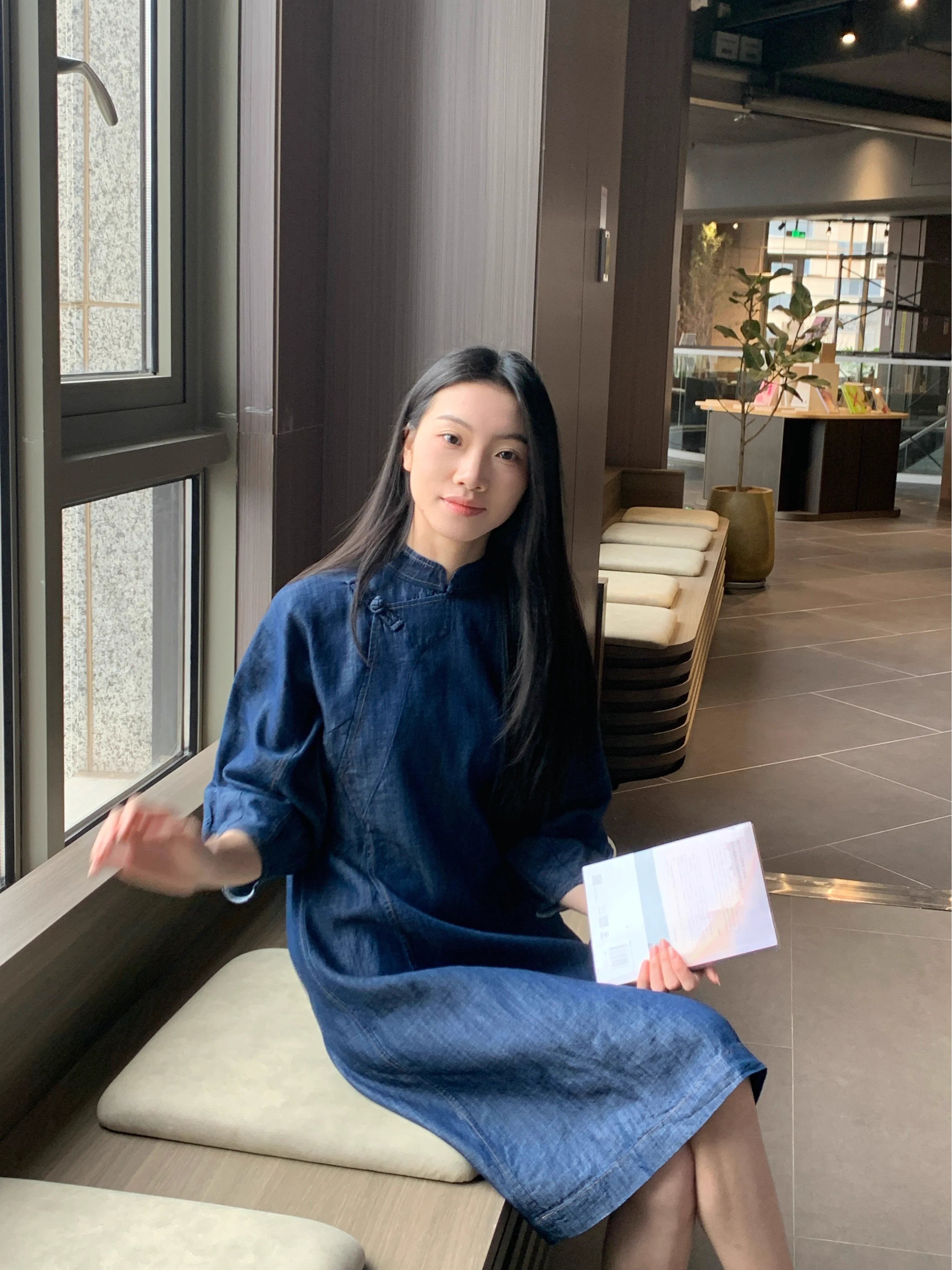 茶愫天丝仿牛仔连衣裙女中式立领