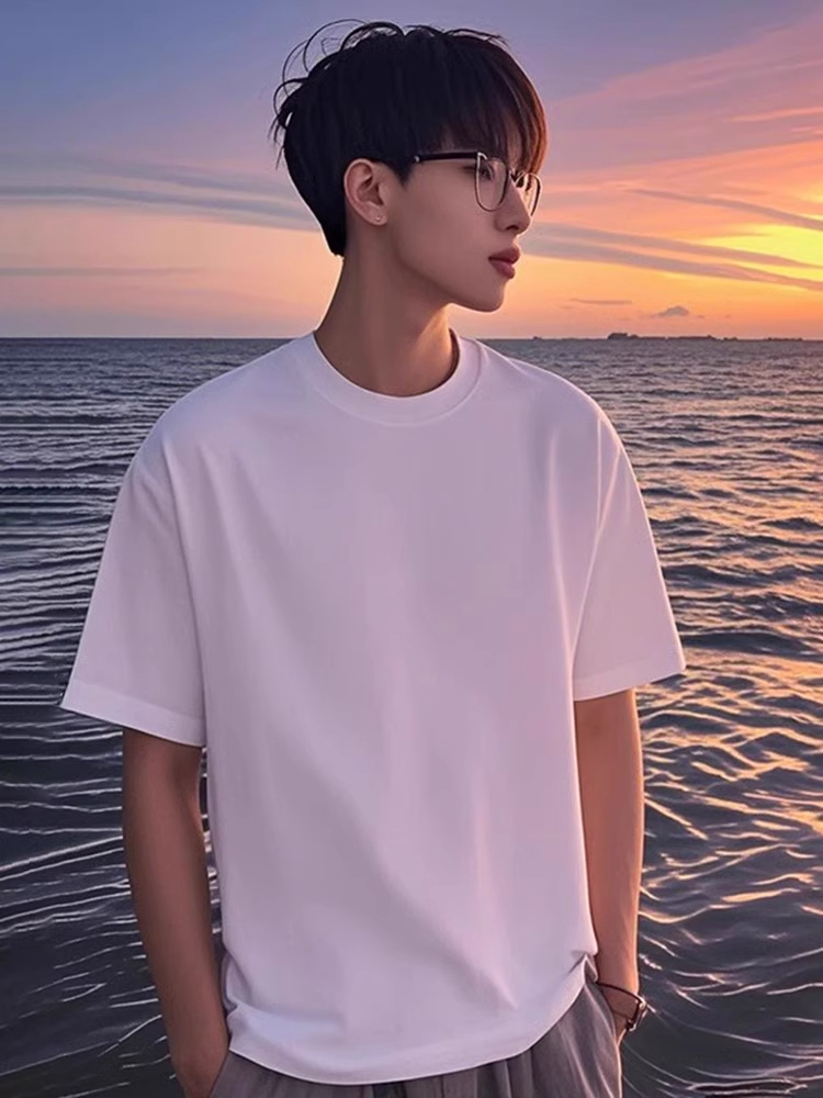 白色小领口纯棉t恤男生夏季320g重磅硬