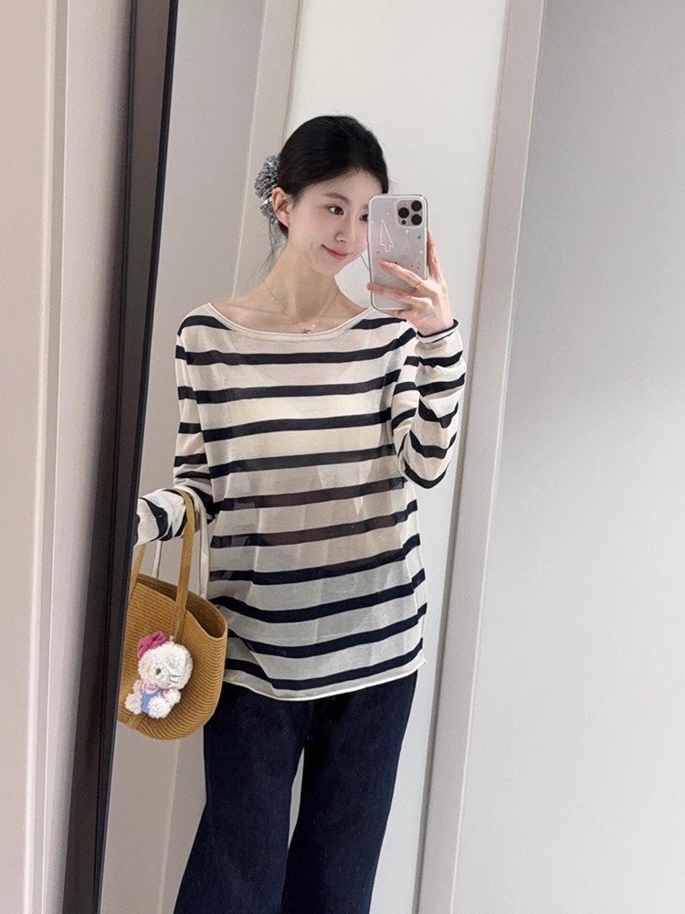 韩系黑白条纹正肩长袖t恤夏季外搭慵懒宽松