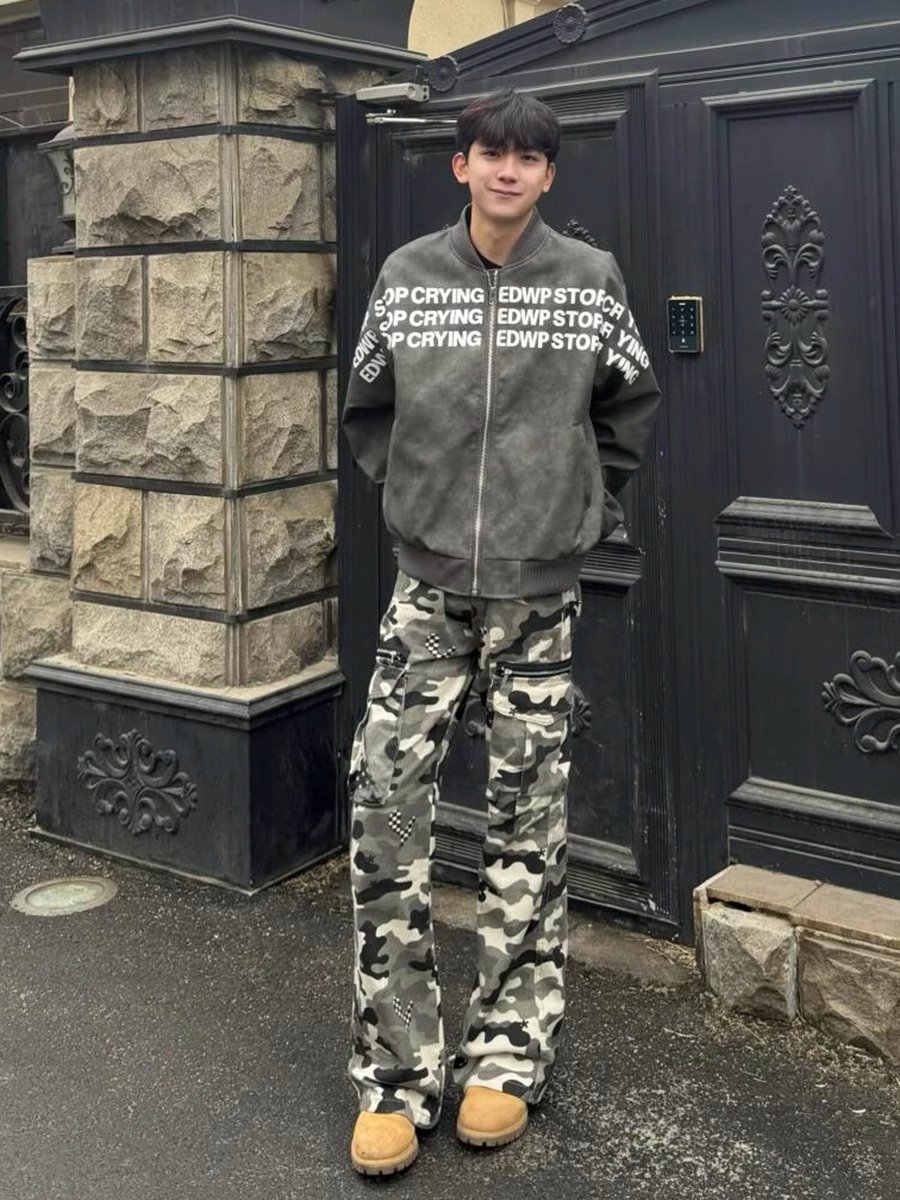 灰白迷彩工装裤男款春秋多口袋直筒伐木裤子