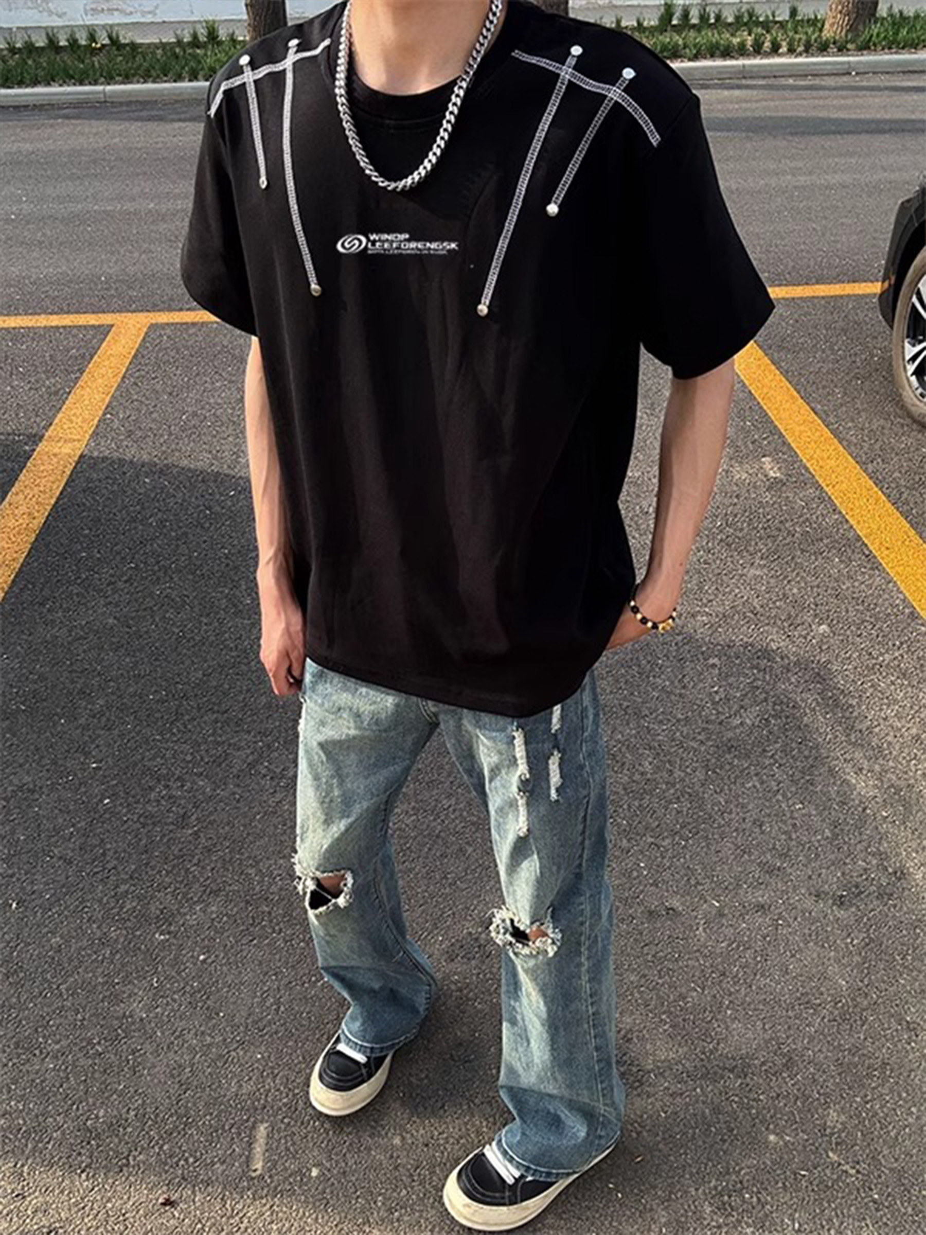 黑色明辑线拼接短袖男款夏季设计感小众半袖