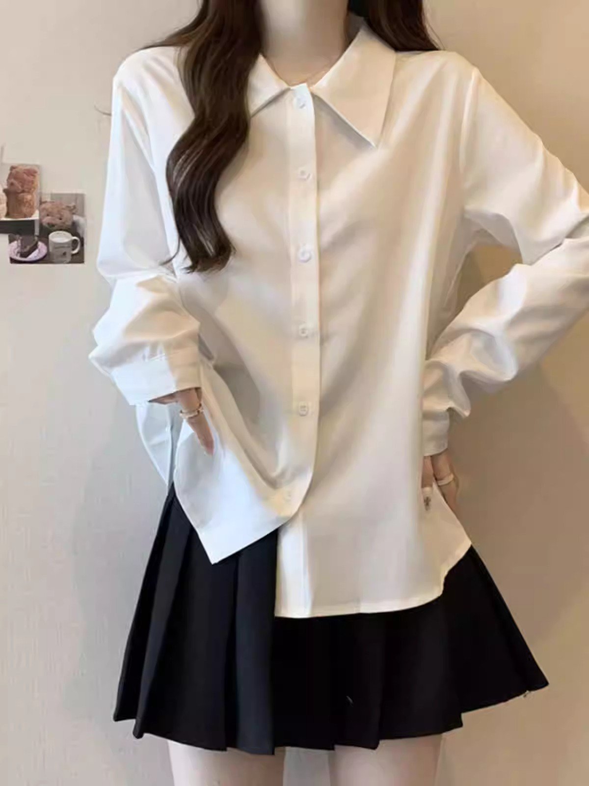 白色翻领长袖衬衫女春季内搭可外穿中长款