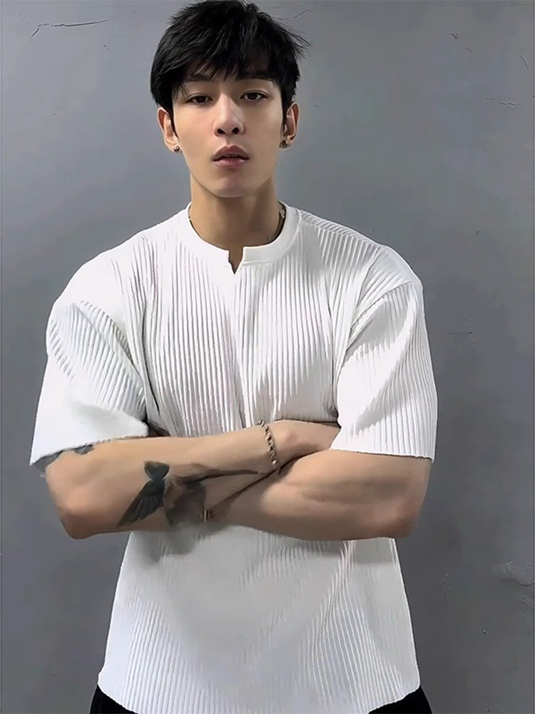 白色V领短袖男款美式高级感竖条纹上衣cl
