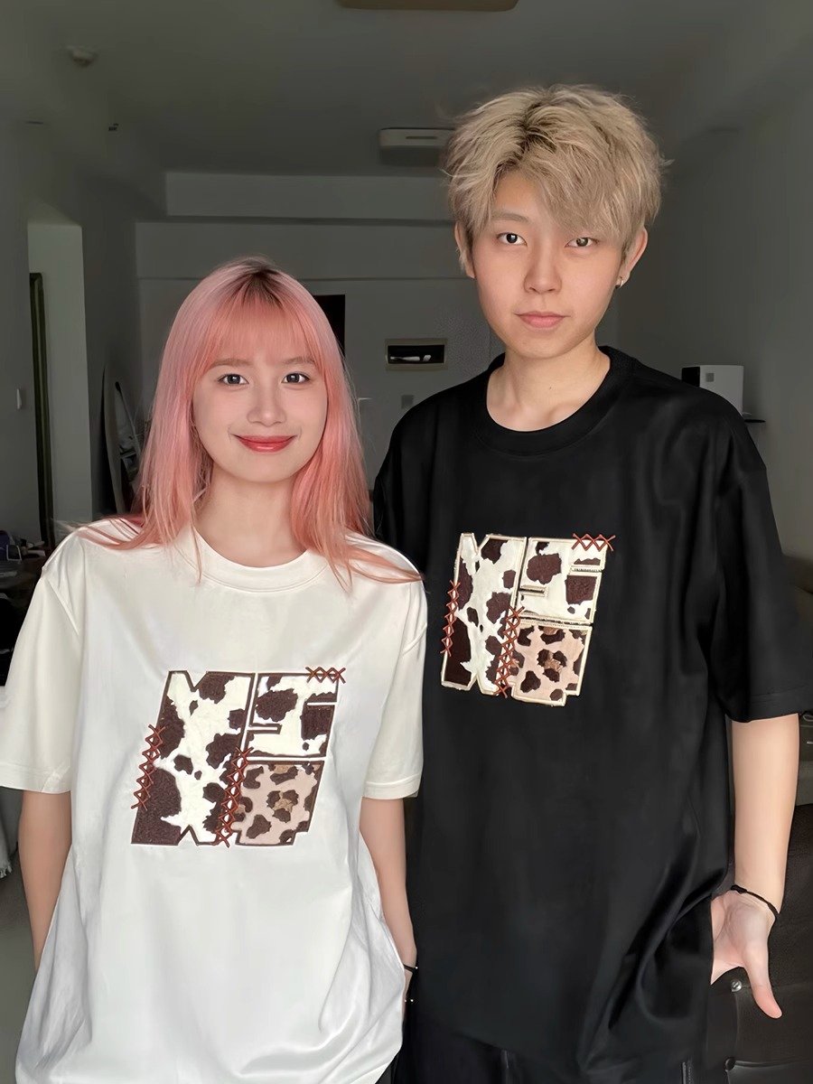 奶牛纹贴布刺绣t恤男款夏季美式重磅正肩短