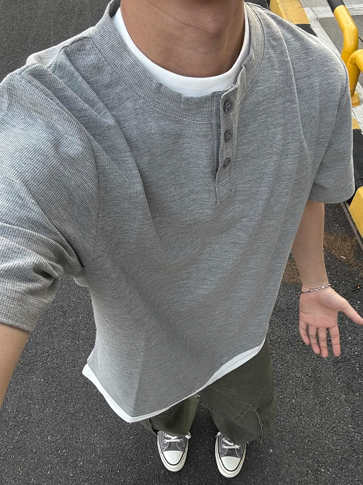 灰色假两件亨利领短袖男夏季老钱风穿搭半袖