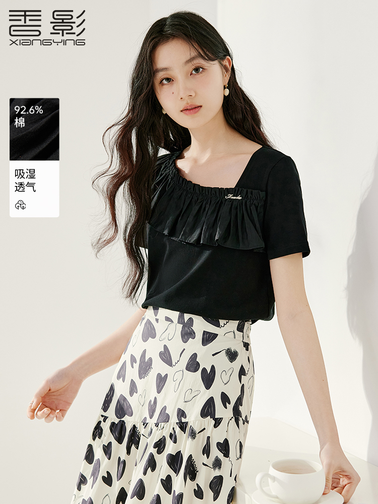 香影短袖正肩黑色t恤女