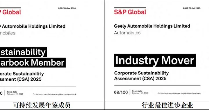 吉利入选标普全球《全球可持续发展年鉴2026》