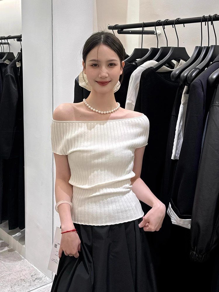 法式白色一字肩修身针织冰丝短袖t恤女夏季