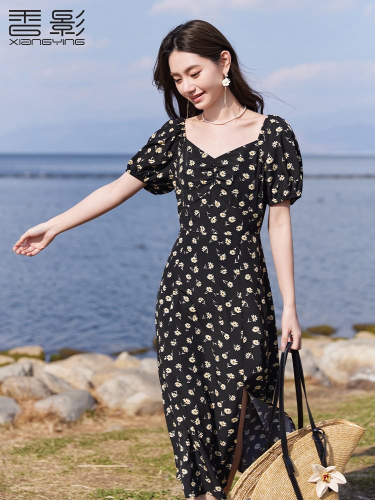 香影黑色碎花连衣裙女