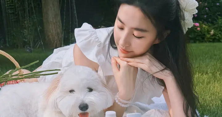 刘亦菲草坪白裙：39岁美成“刘十八”，怀里小狗也好可爱