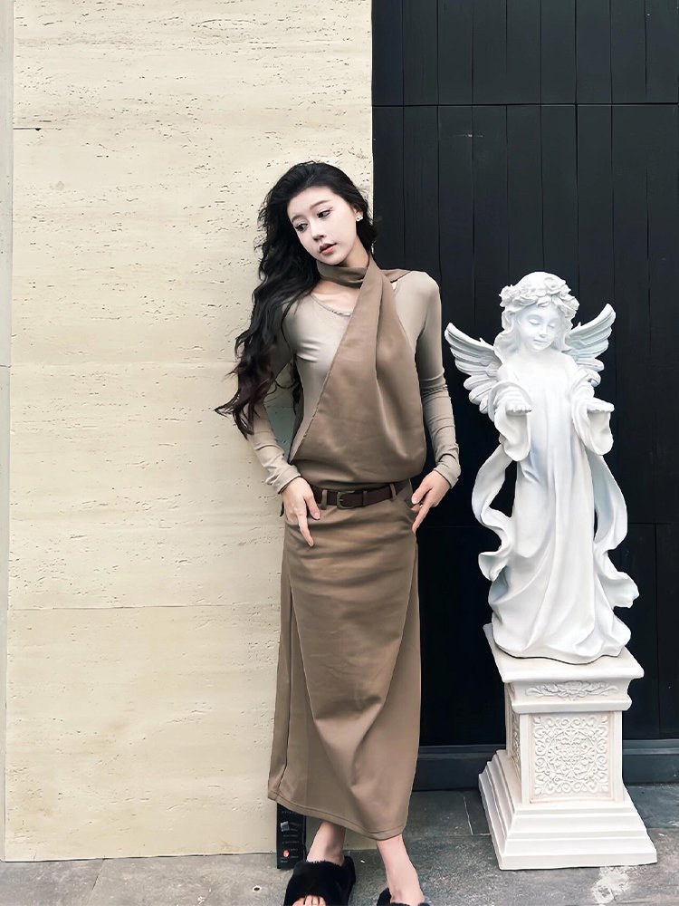 秋冬美拉德穿搭复古小众不撞款包臀长裙