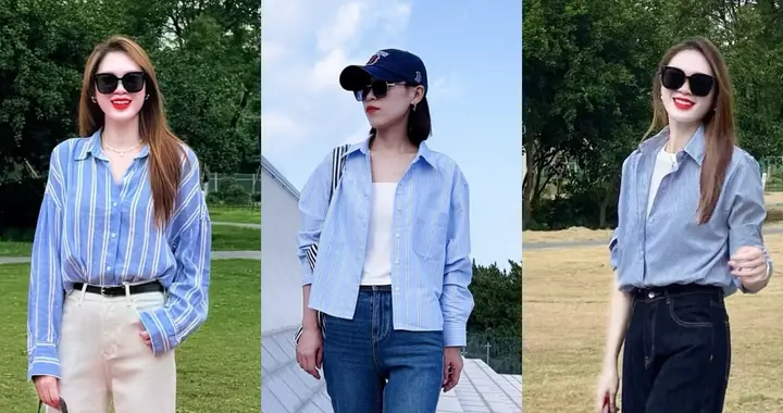 40+女性夏季穿搭别乱买，蓝条纹衬衫显瘦显白还减龄，值得拥有