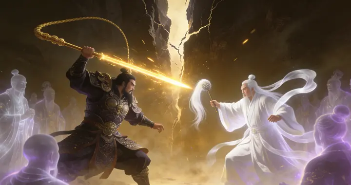 闻仲挥动金鞭，再次击向裂隙边缘。太白金星大惊失色连忙祭出拂尘