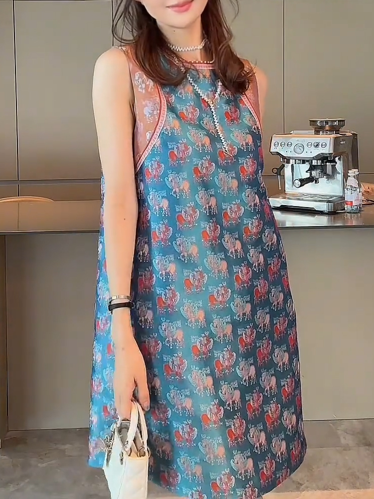 简单大方的新中式国风无袖印花连衣裙女2025夏日绝美今年流行爆款
