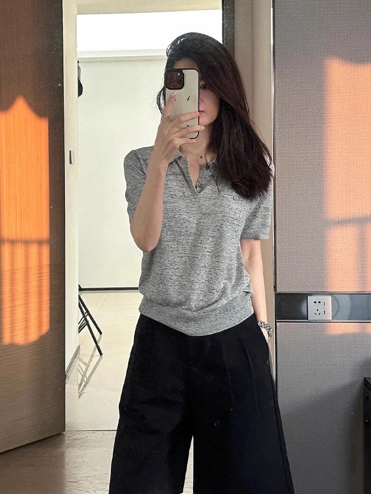 灰色冰丝针织POLO衫短袖正肩t恤女夏季