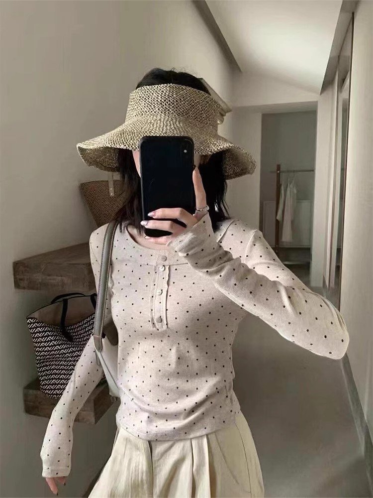 小个子波点半开领修身内搭打底衫上衣女春秋