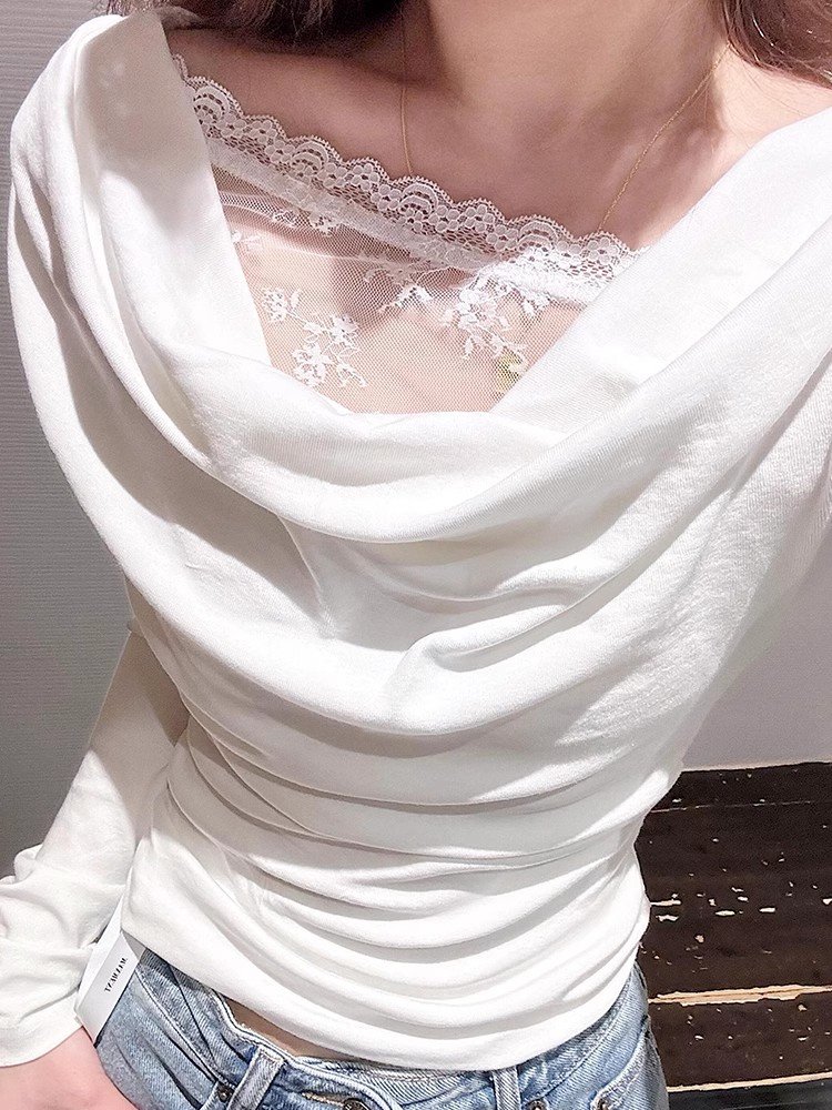 法式白色荡领不规则清纯系掐腰上衣女早春小