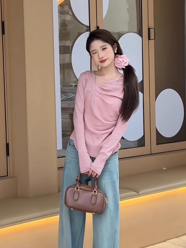 法式粉色不规则修身打底衫小上衣女初春穿搭