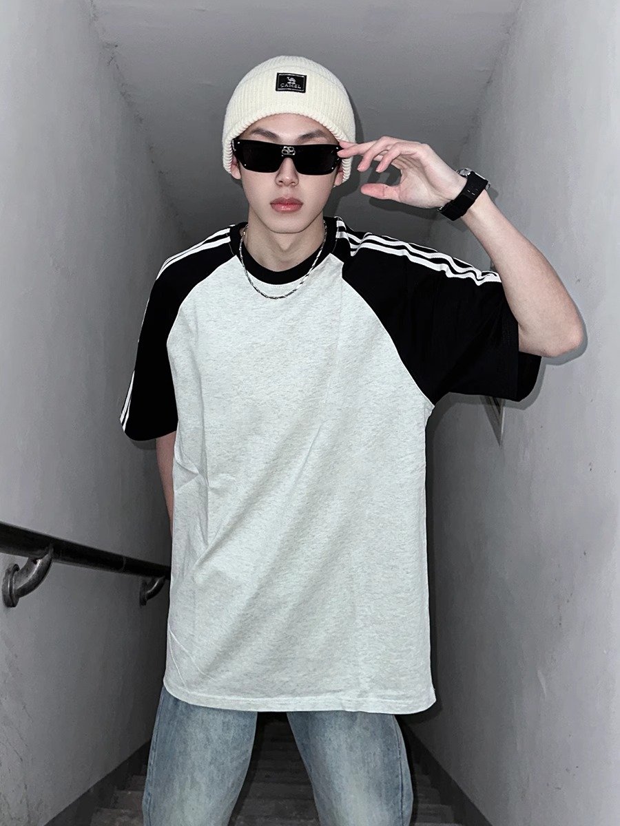 美式三条杠插肩短袖男夏季小领口条纹半袖t