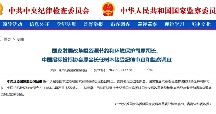 主动投案，国家发展改革委资源节约和环境保护司原司长、中国招标投标协会原...