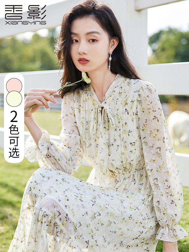 香影雪纺碎花连衣裙女长袖