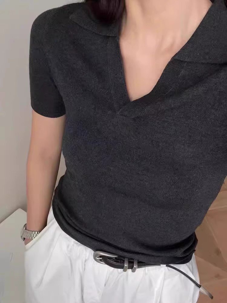 法式小蛮腰Polo领短袖针织衫女T恤衫夏