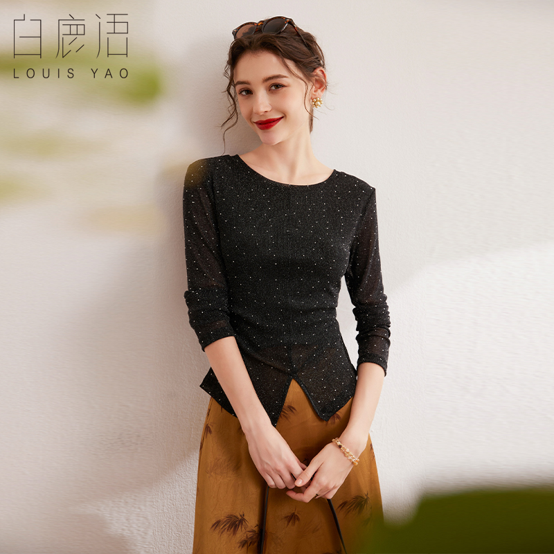 白鹿语优雅圆点圆领上衣2024秋新款气质下摆开叉质感长袖T恤女