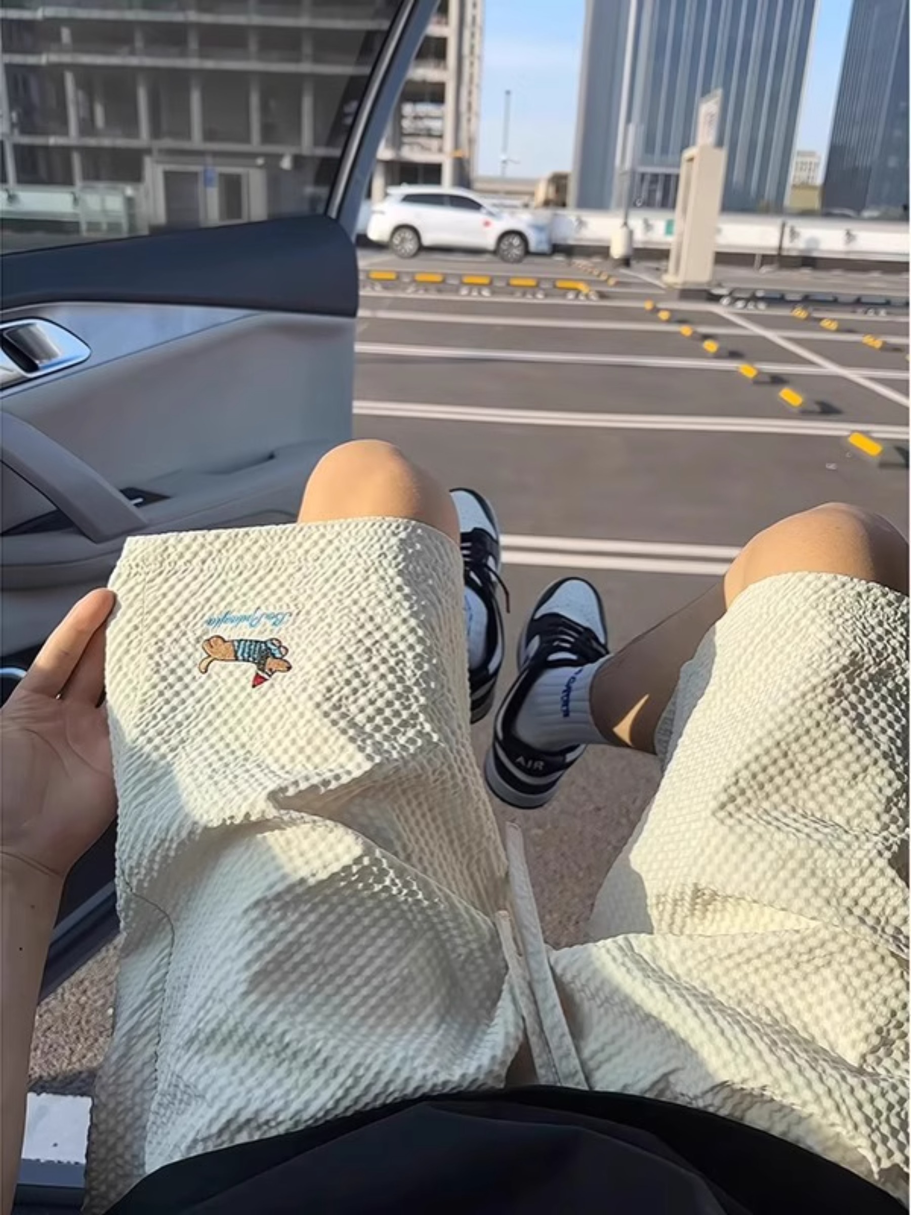杏色速干泡泡纱短裤男夏季腊肠小狗刺绣多巴