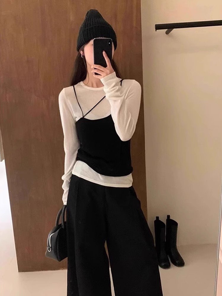 小个子吊带假两件可外穿打底衫女春秋季内搭