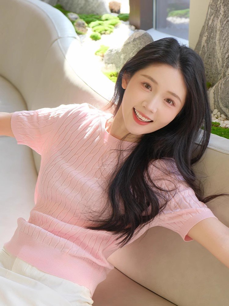 韩系粉色冰丝麻花正肩短袖针织t恤女夏季小