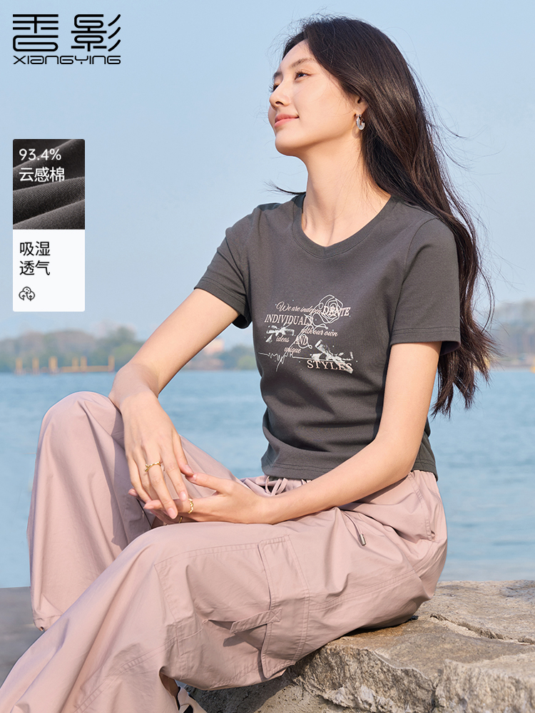 香影灰色蝴蝶结印花t恤女短袖