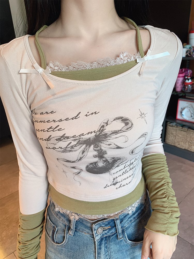 少女芭蕾风🍏拼接长袖T恤