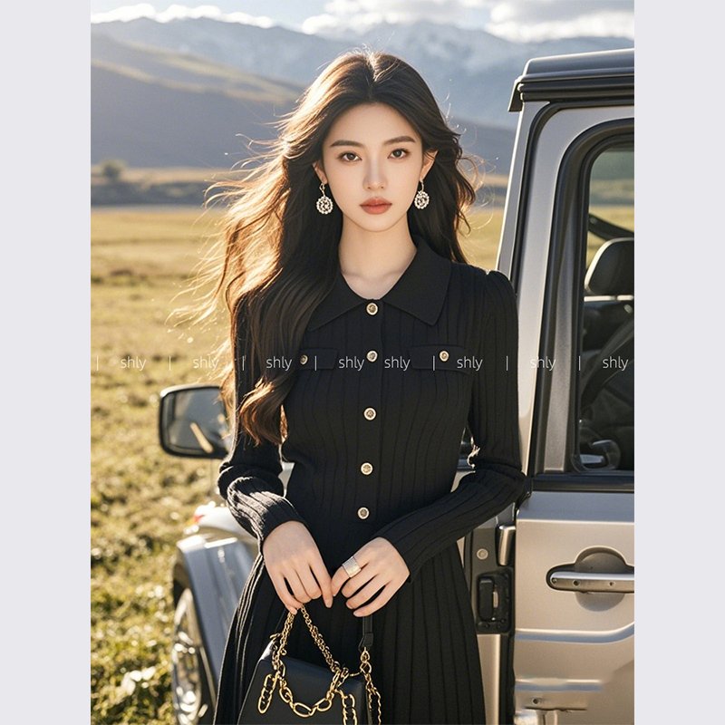 韩系穿搭高级感黑色针织长袖连衣裙子春秋款