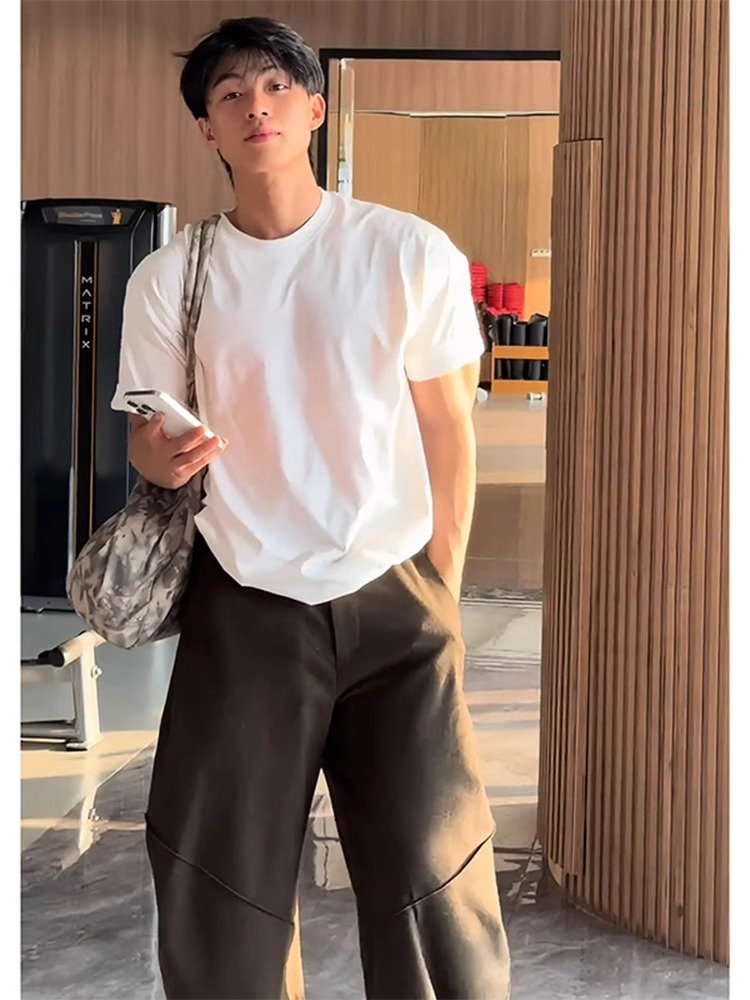 白色运动健身短袖男款夏季美式小领口正肩t