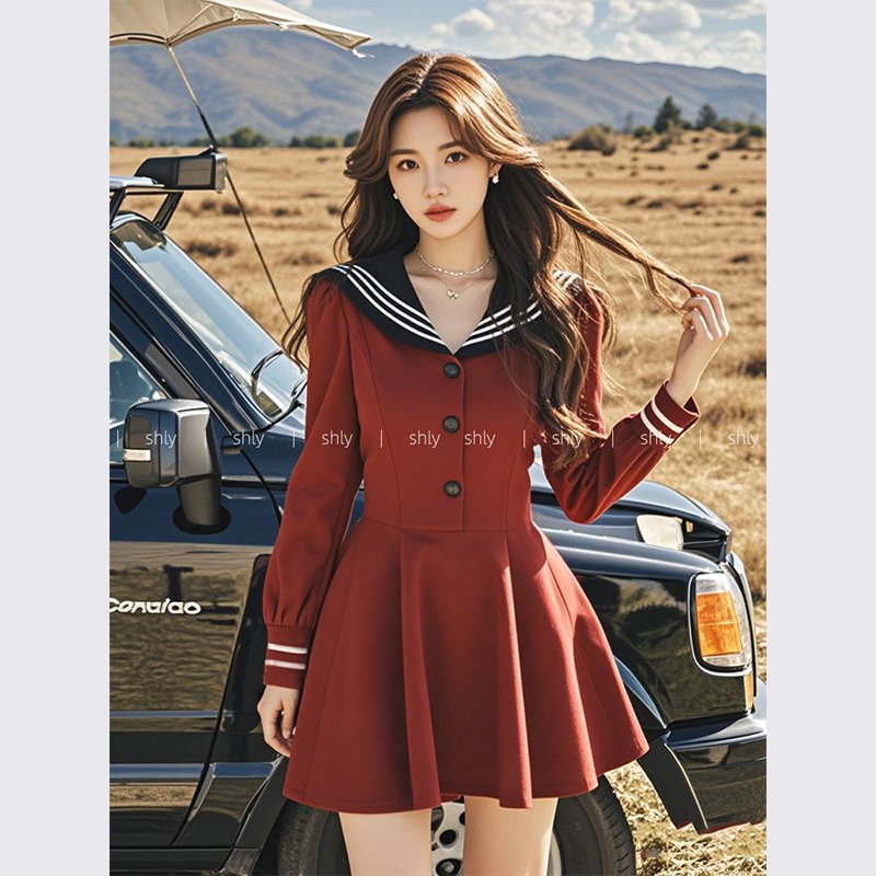 红色海军领连衣裙子秋季女2024新款