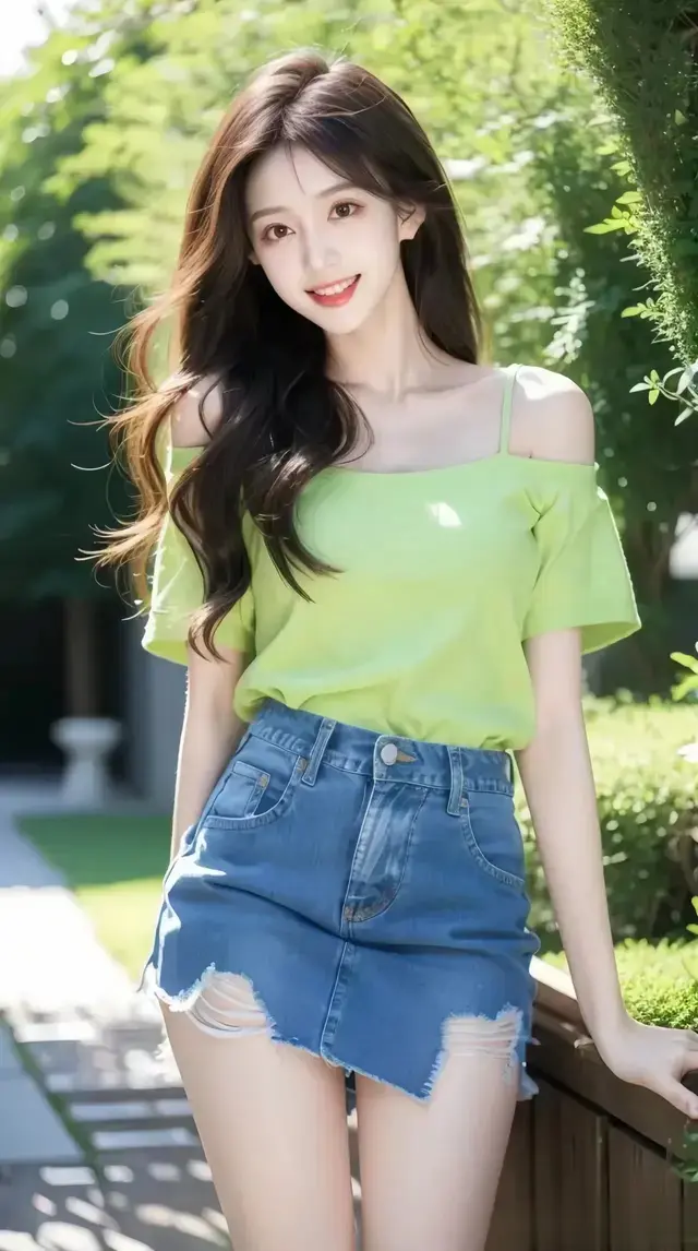 阳光美女壁纸‖ 清新少女风，绿色上衣配牛仔短裙，轻松自在。