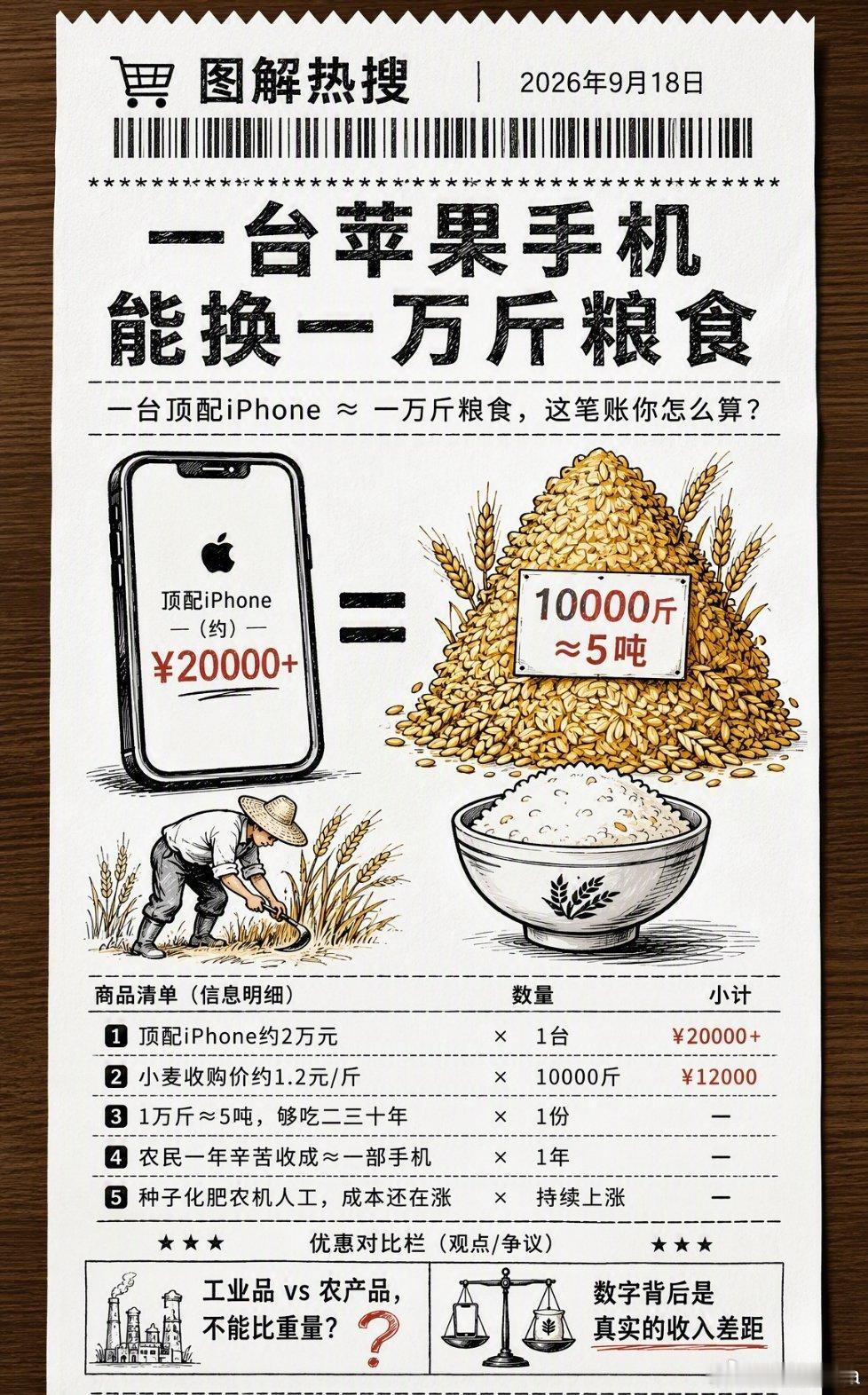 最近这个对比真的看得心里五味杂陈。一万斤小麦，刚好差不多等于一台iPh...