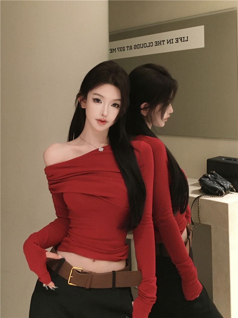 小个子红色一字肩修身打底衫上衣女秋冬内搭