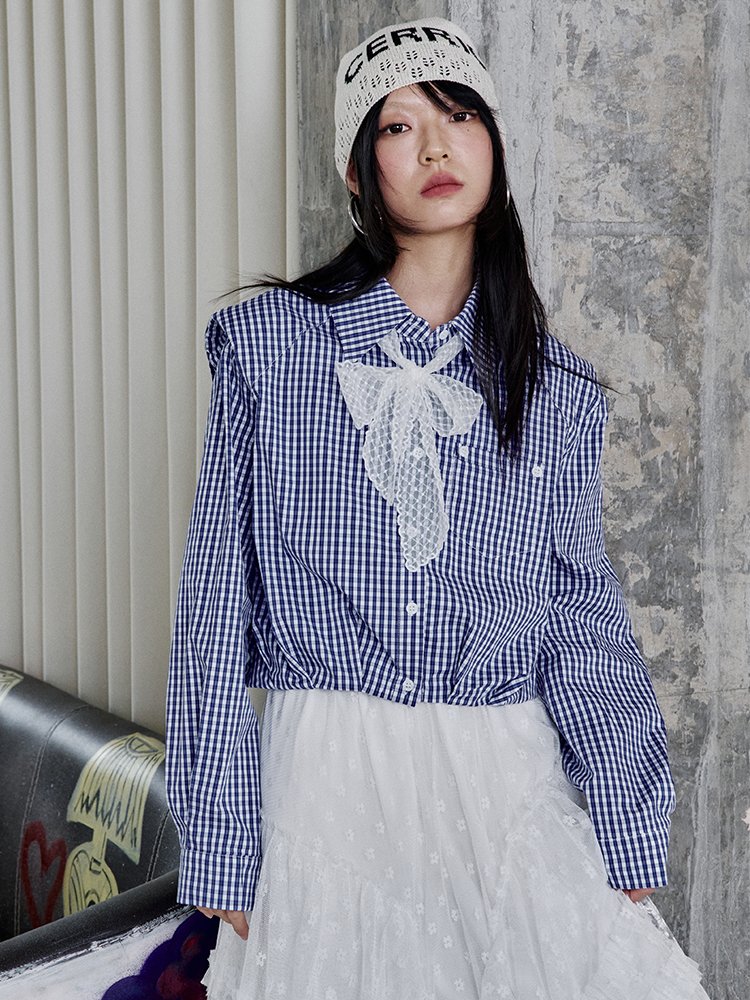 蓝色格纹短款衬衫