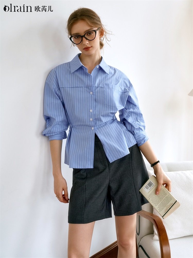 通勤设计感收腰条纹衬衫