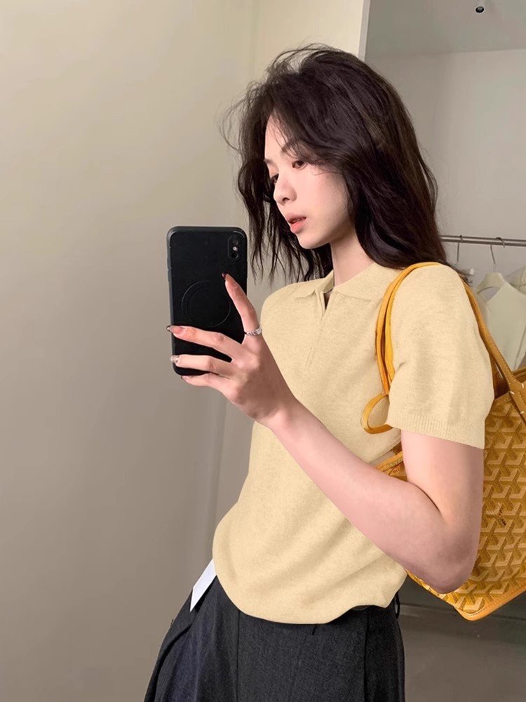 韩系黄色针织POLO衫短款正肩冰丝t恤女
